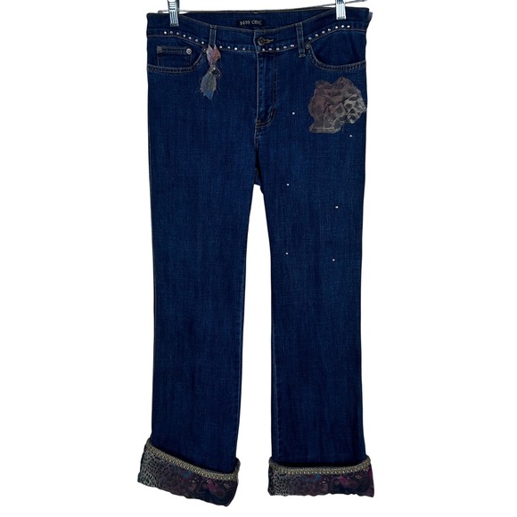 Boho Chic Embellished Denim Jeans Blue Floral Rhinestone Tassel Cuff Women's - Picture 14 of 16